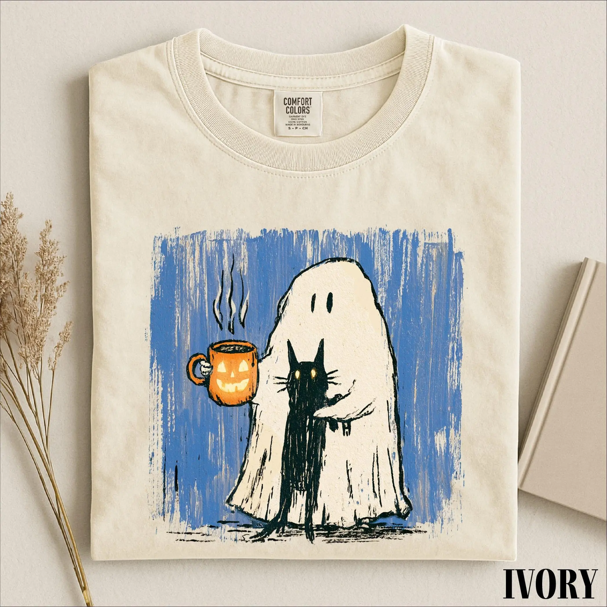 Comfort Colors Cozy Ghost Coffee Cat Shirt, Cute Halloween Graphic Tee, Spooky Season Top