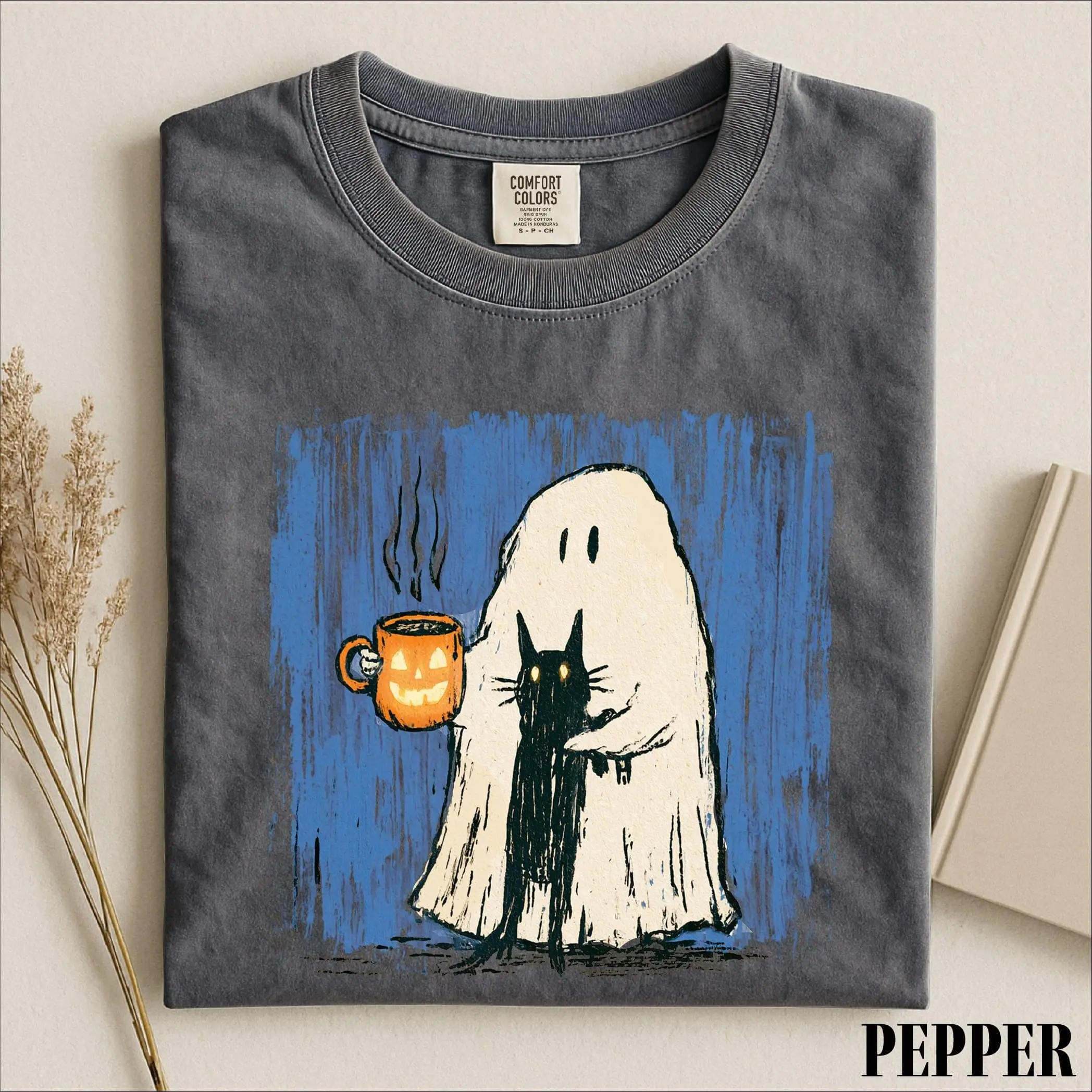 Comfort Colors Cozy Ghost Coffee Cat Shirt, Cute Halloween Graphic Tee, Spooky Season Top - photo 2