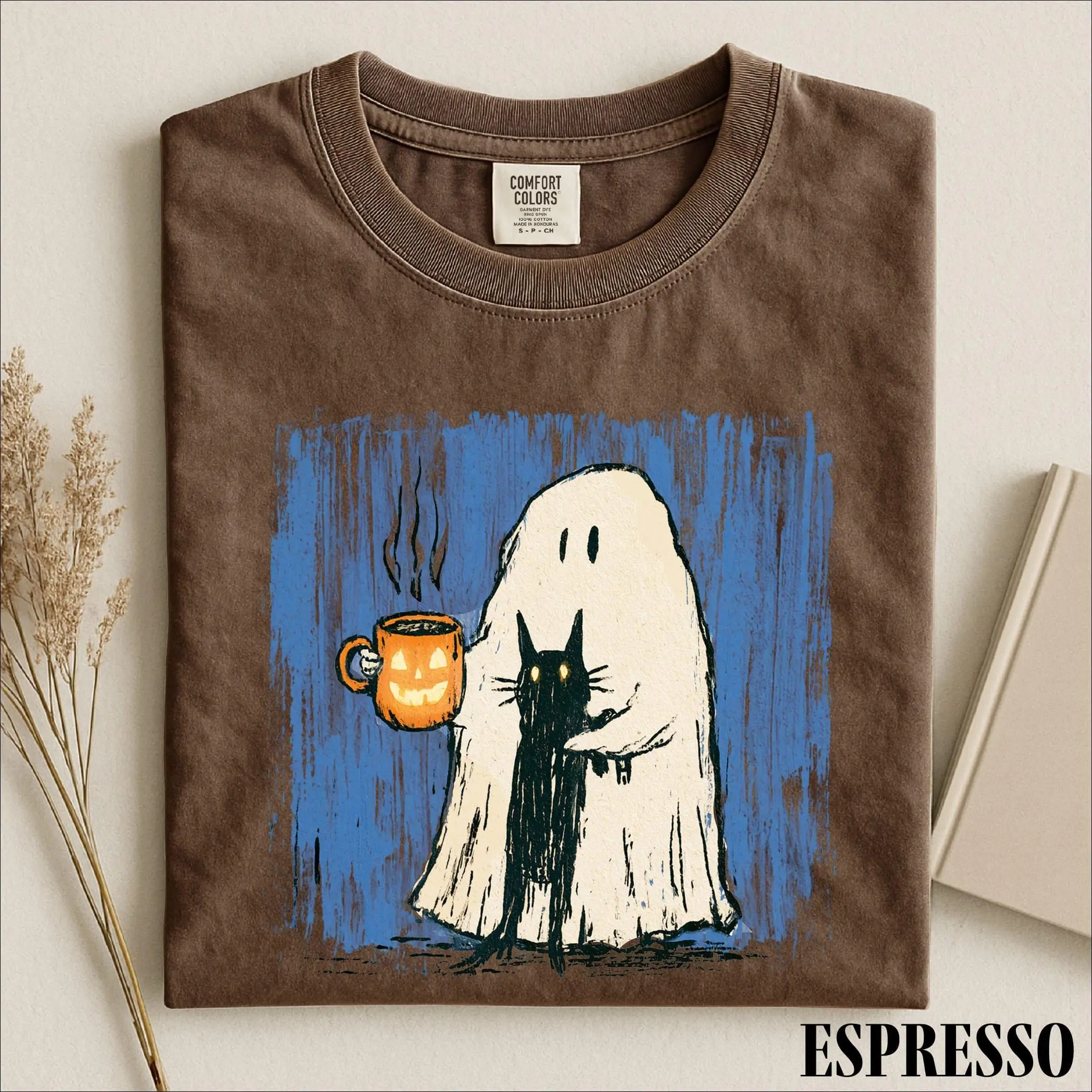 Comfort Colors Cozy Ghost Coffee Cat Shirt, Cute Halloween Graphic Tee, Spooky Season Top - photo 3