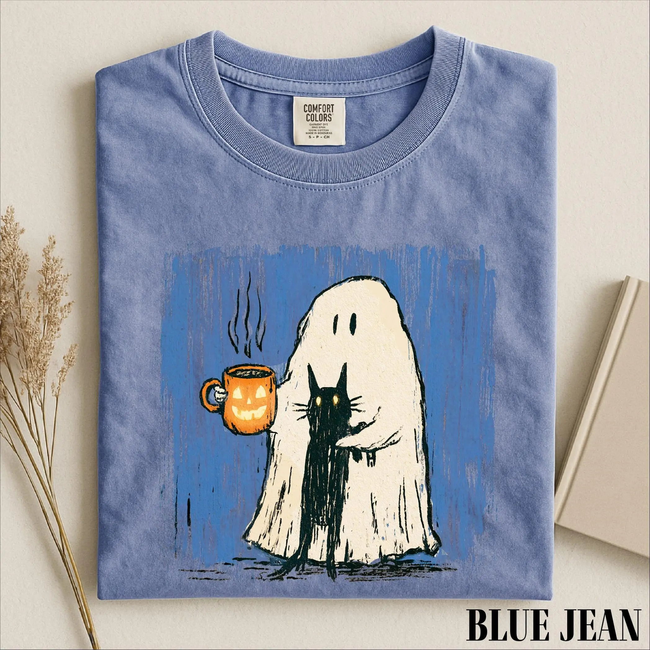 Comfort Colors Cozy Ghost Coffee Cat Shirt, Cute Halloween Graphic Tee, Spooky Season Top - photo 4