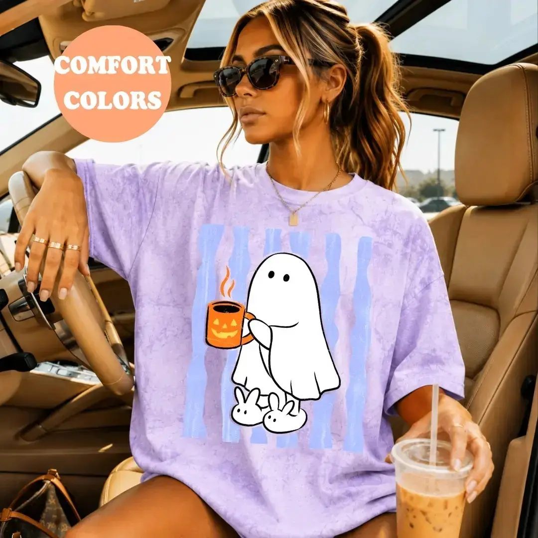 Comfort Colors Cozy Ghost Coffee Shirt, Cute Halloween Pumpkin Mug Graphic Spooky Season Fall Lover Tee