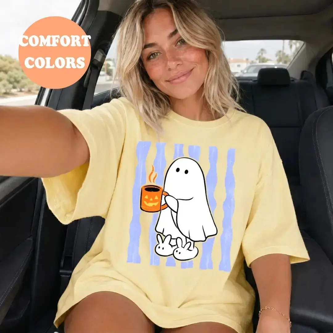 Comfort Colors Cozy Ghost Coffee Shirt, Cute Halloween Pumpkin Mug Graphic Spooky Season Fall Lover Tee - photo 2