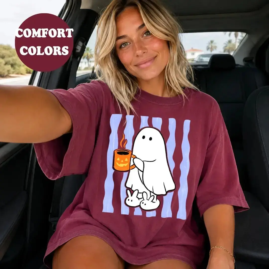 Comfort Colors Cozy Ghost Coffee Shirt, Cute Halloween Pumpkin Mug Graphic Spooky Season Fall Lover Tee - photo 3