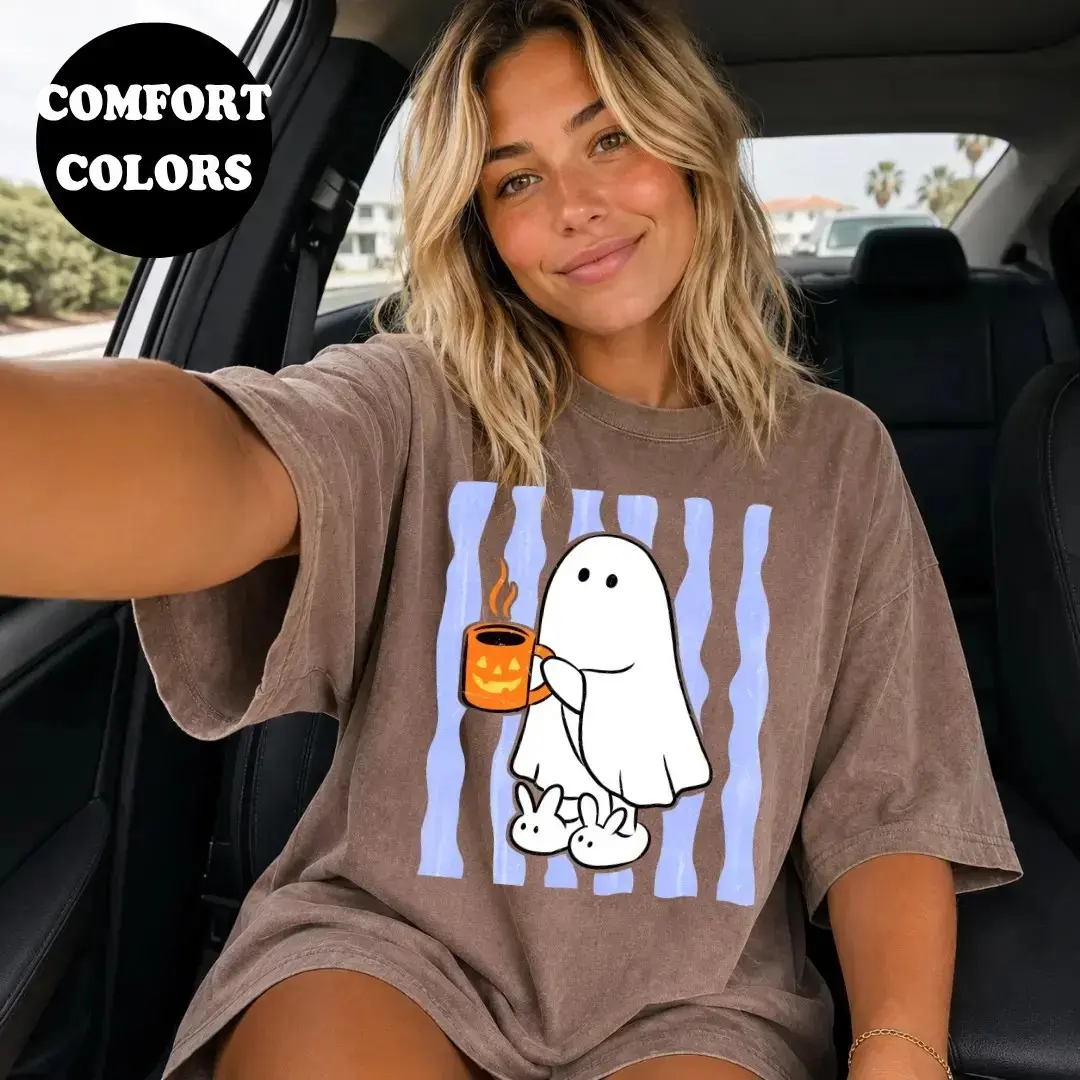 Comfort Colors Cozy Ghost Coffee Shirt, Cute Halloween Pumpkin Mug Graphic Spooky Season Fall Lover Tee - photo 4
