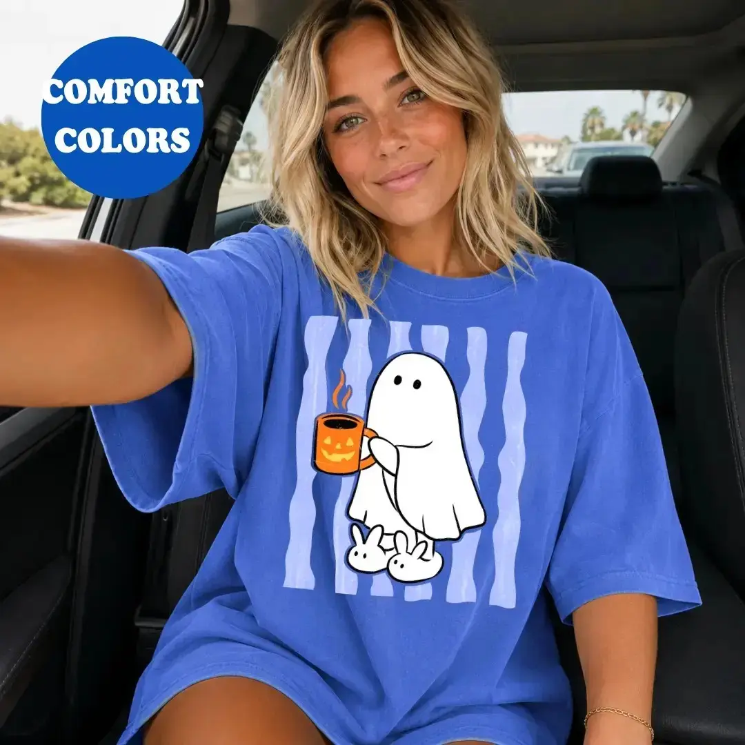 Comfort Colors Cozy Ghost Coffee Shirt, Cute Halloween Pumpkin Mug Graphic Spooky Season Fall Lover Tee - photo 5