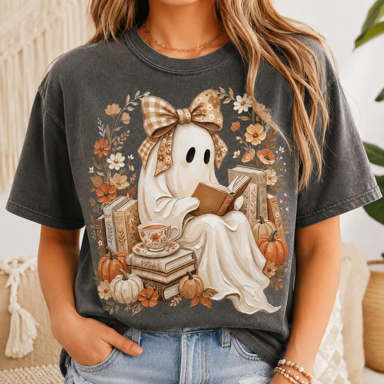Comfort Colors Cozy Ghost Reading Book Shirt, Vintage Autumn Harvest Aesthetic Bookworm Fall Friend Gift