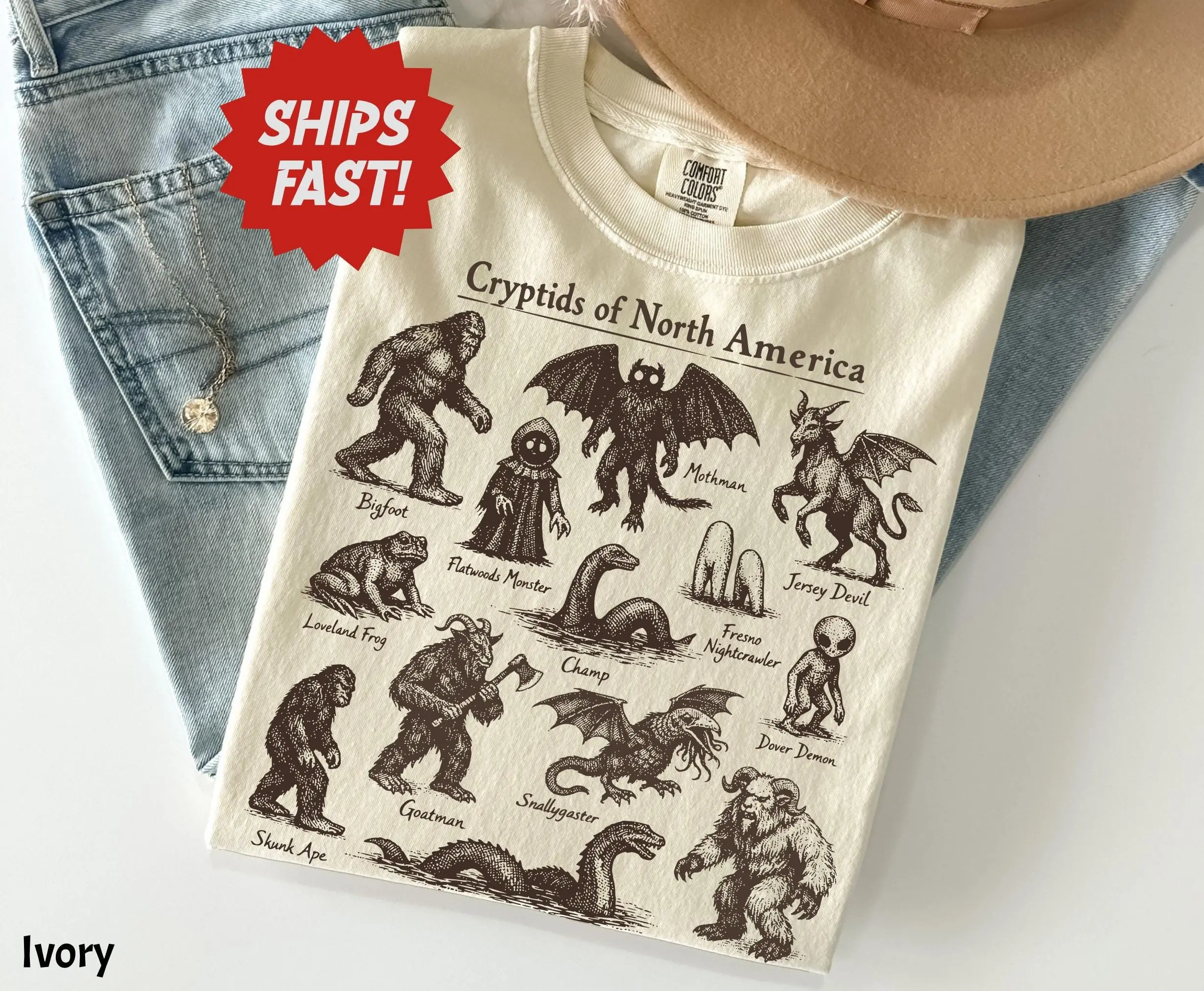Comfort Colors Cryptids of North America Shirt, Vintage Field Guide Bigfoot Mothman Tee, Folklore Monster Wildlife Collector Top