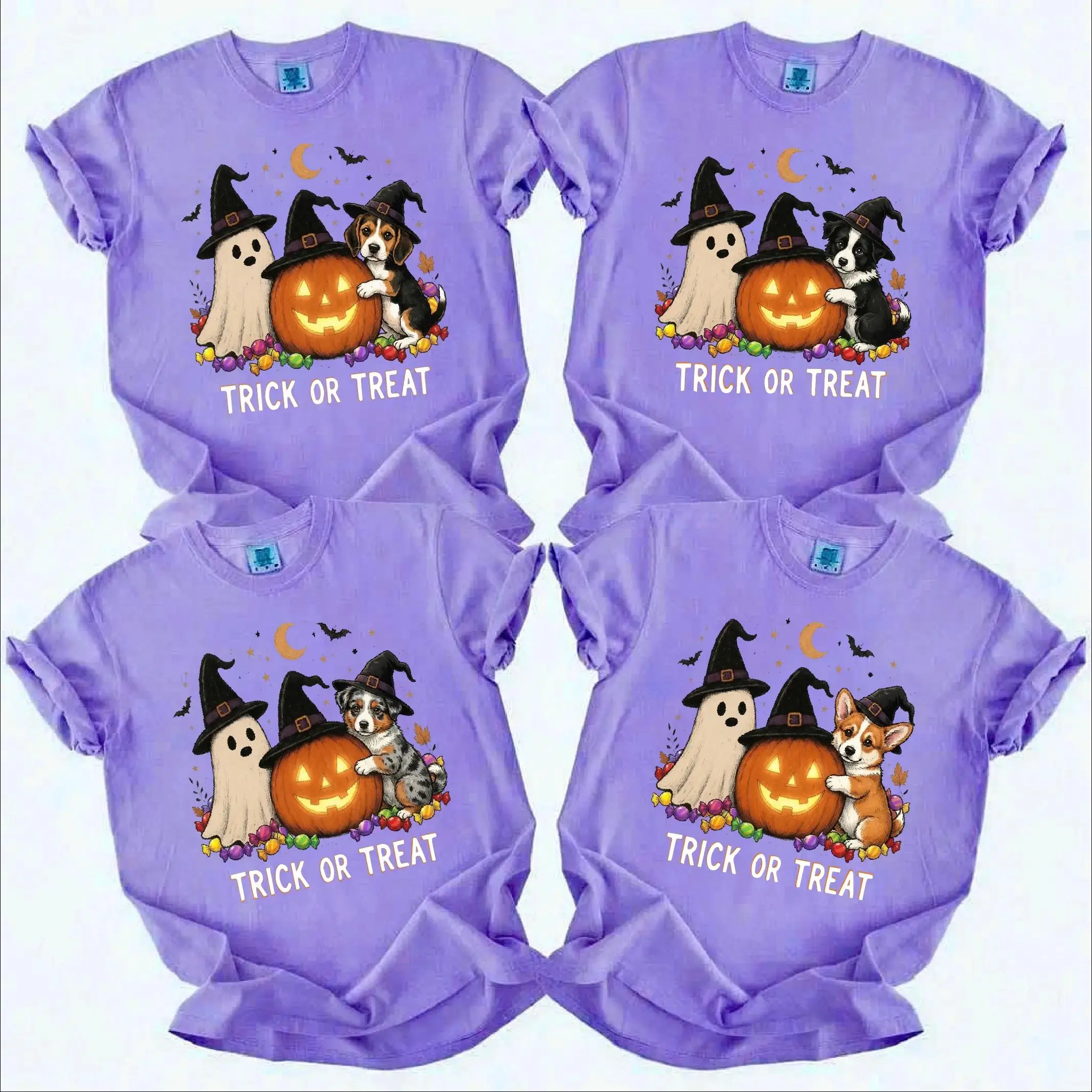 Comfort Colors Custom Dog Breed Halloween Violet Shirt, 50+ Breeds Ghost Pumpkin Graphic Tee, Cute Witch Trick Or Treat Gift