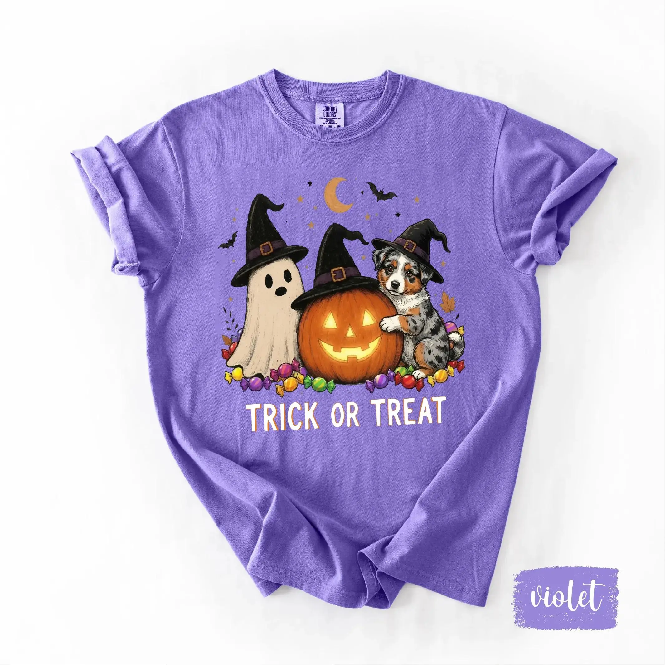 Comfort Colors Custom Dog Breed Halloween Violet Shirt, 50+ Breeds Ghost Pumpkin Graphic Tee, Cute Witch Trick Or Treat Gift - photo 2