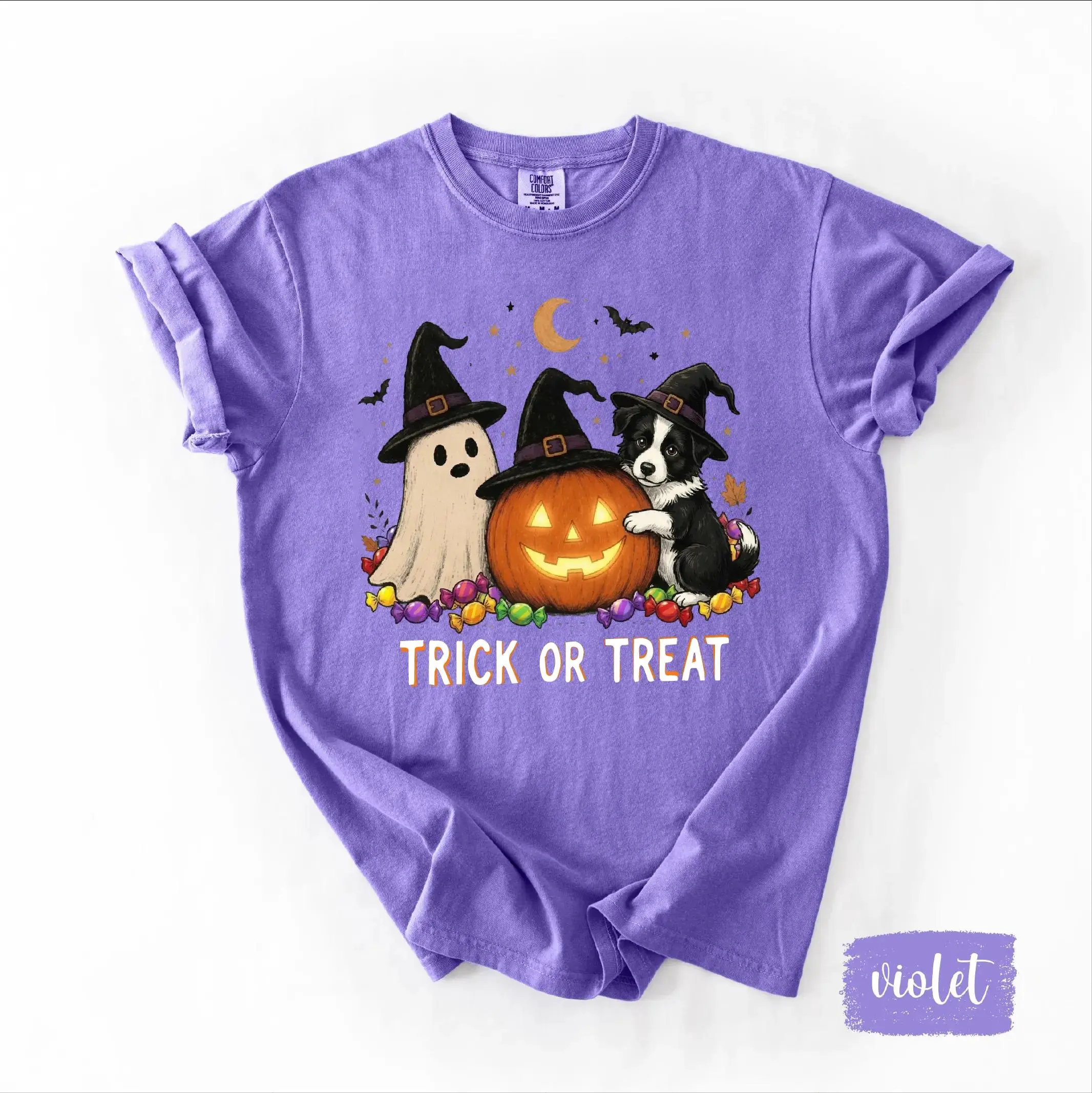 Comfort Colors Custom Dog Breed Halloween Violet Shirt, 50+ Breeds Ghost Pumpkin Graphic Tee, Cute Witch Trick Or Treat Gift - photo 3