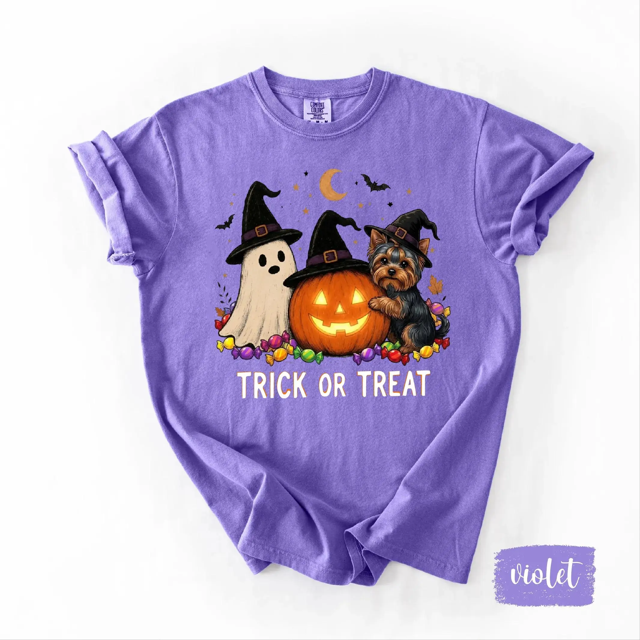 Comfort Colors Custom Dog Breed Halloween Violet Shirt, 50+ Breeds Ghost Pumpkin Graphic Tee, Cute Witch Trick Or Treat Gift - photo 5