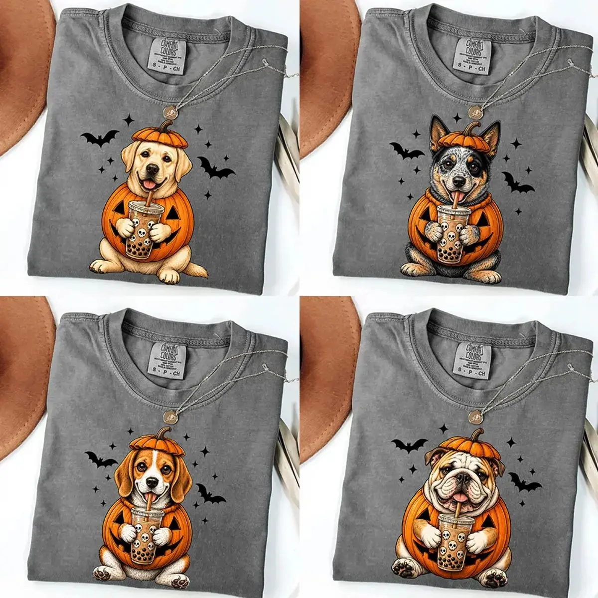 Comfort Colors Custom Pumpkin Dog Halloween Shirt, 40+ Breeds Cute Boba Tea Graphic Tee, Spooky Season Mom Gift