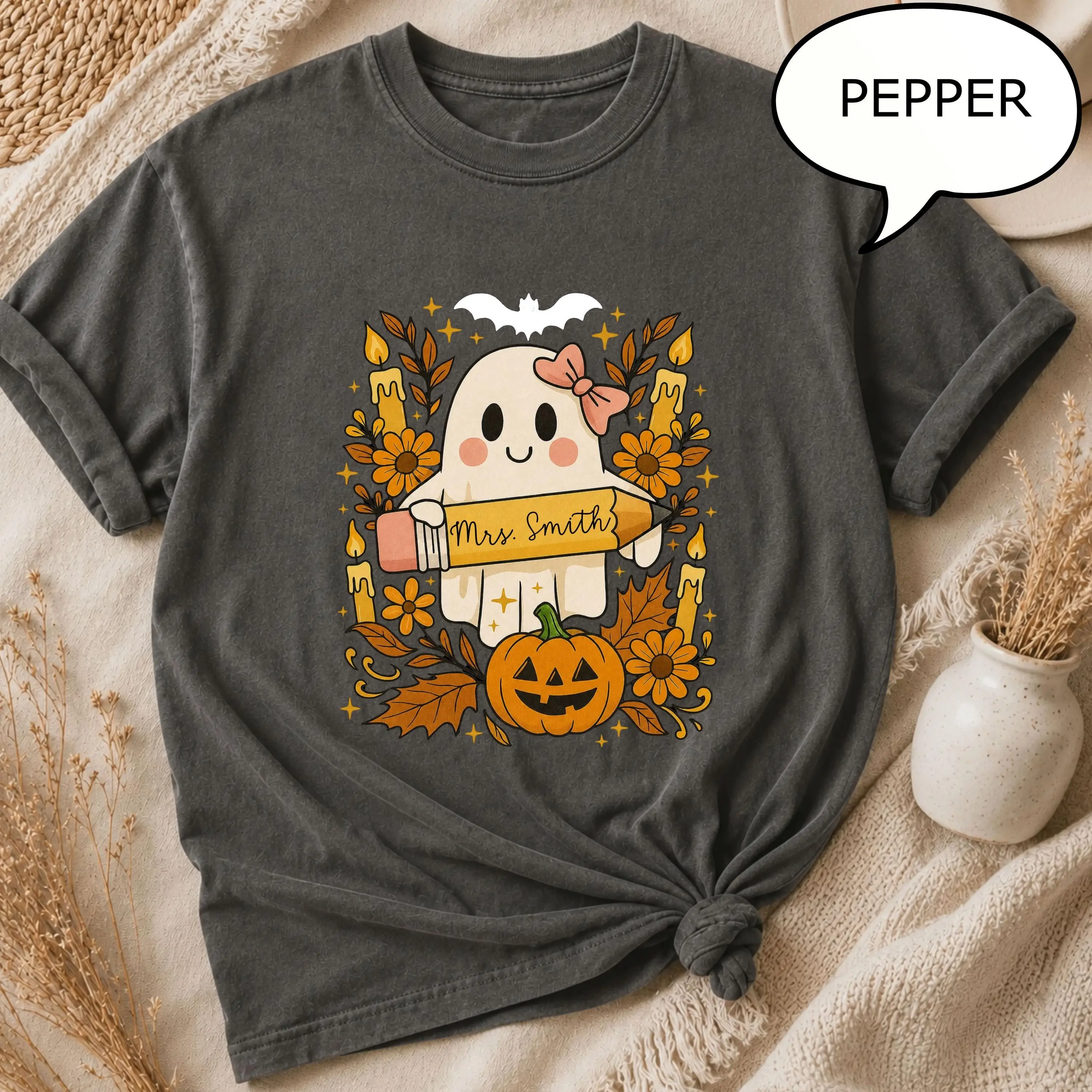 Comfort Colors Custom Teacher Name Ghost Shirt, Personalized Boho Floral Halloween Cute Fall Gift Tee