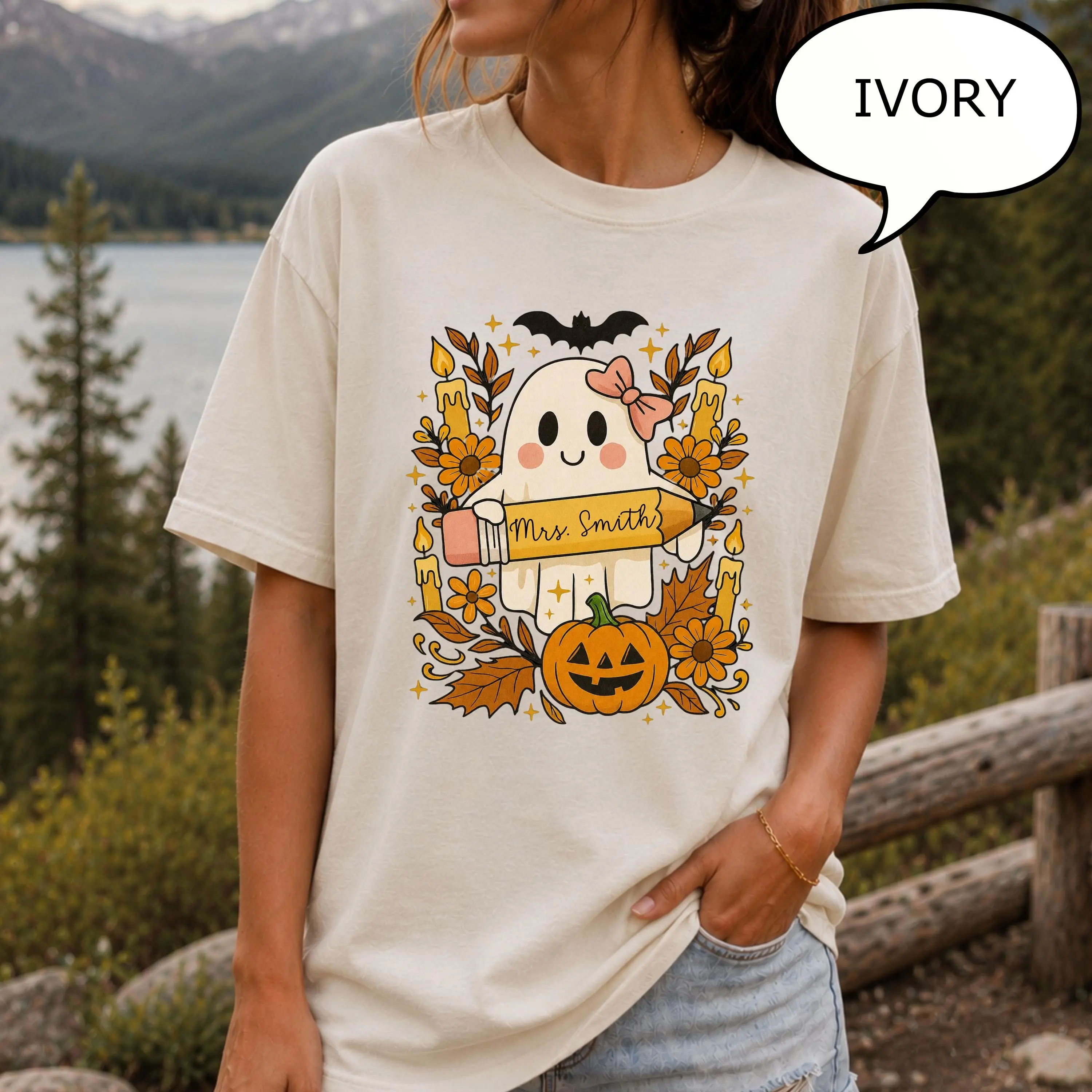 Comfort Colors Custom Teacher Name Ghost Shirt, Personalized Boho Floral Halloween Cute Fall Gift Tee - photo 2