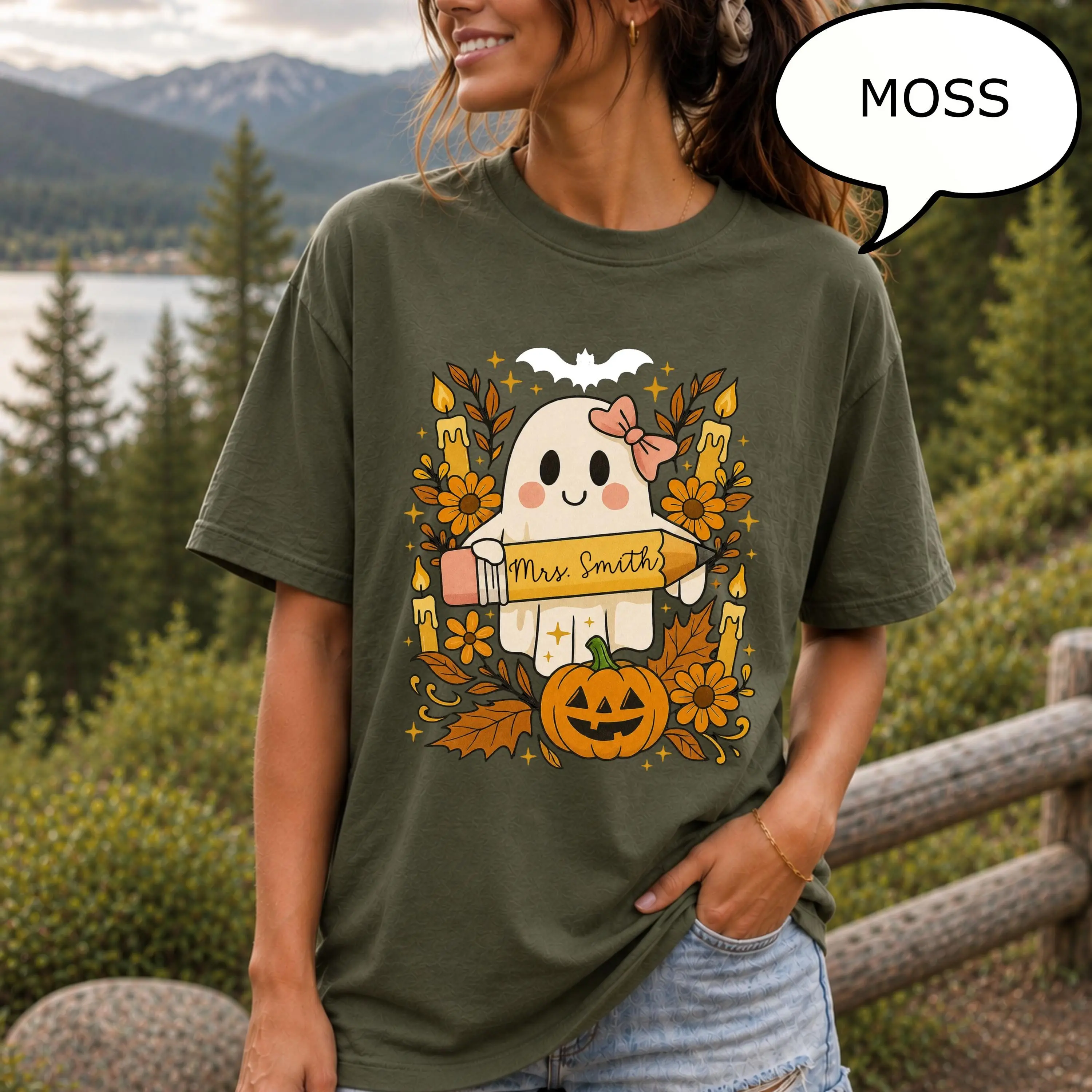 Comfort Colors Custom Teacher Name Ghost Shirt, Personalized Boho Floral Halloween Cute Fall Gift Tee - photo 3