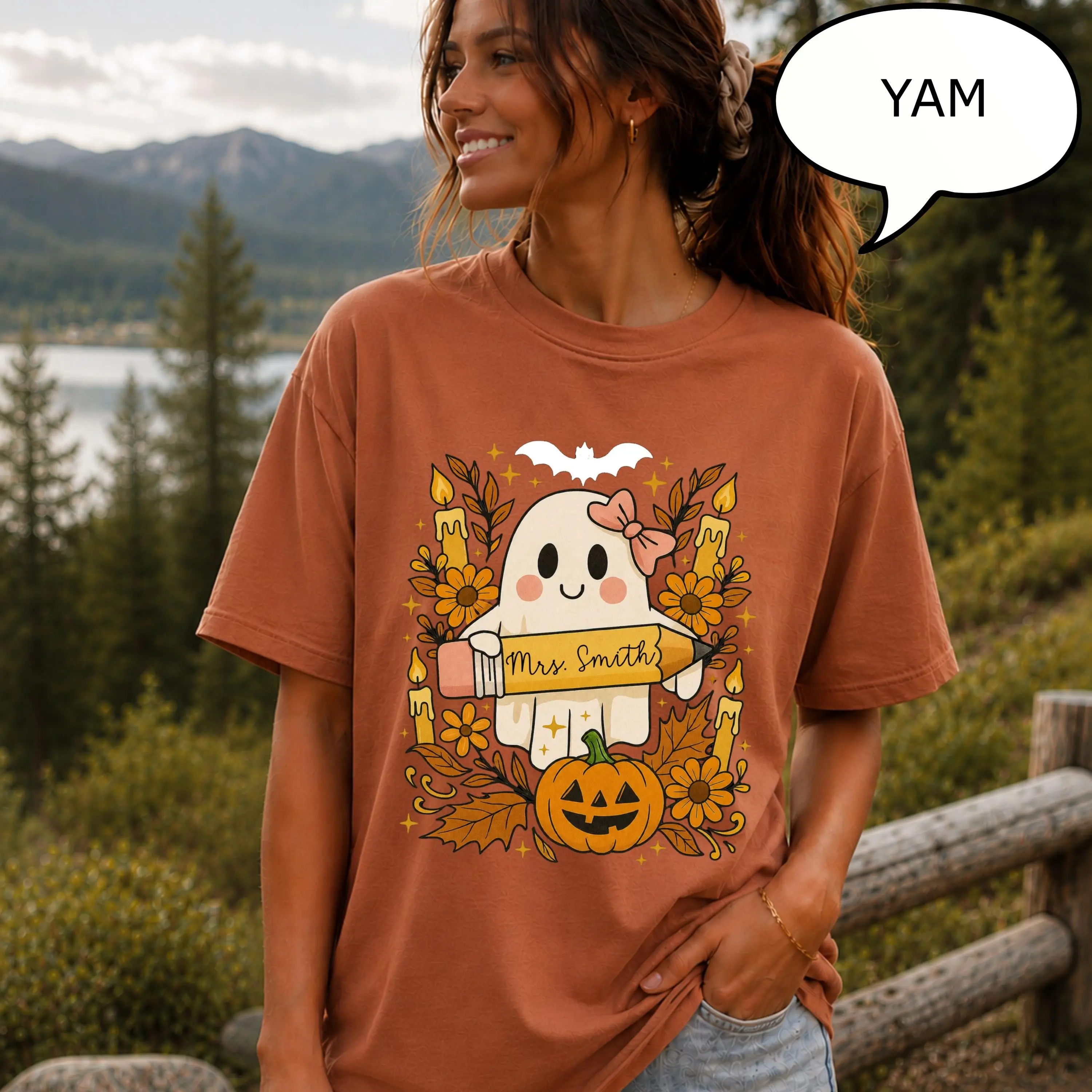 Comfort Colors Custom Teacher Name Ghost Shirt, Personalized Boho Floral Halloween Cute Fall Gift Tee - photo 4
