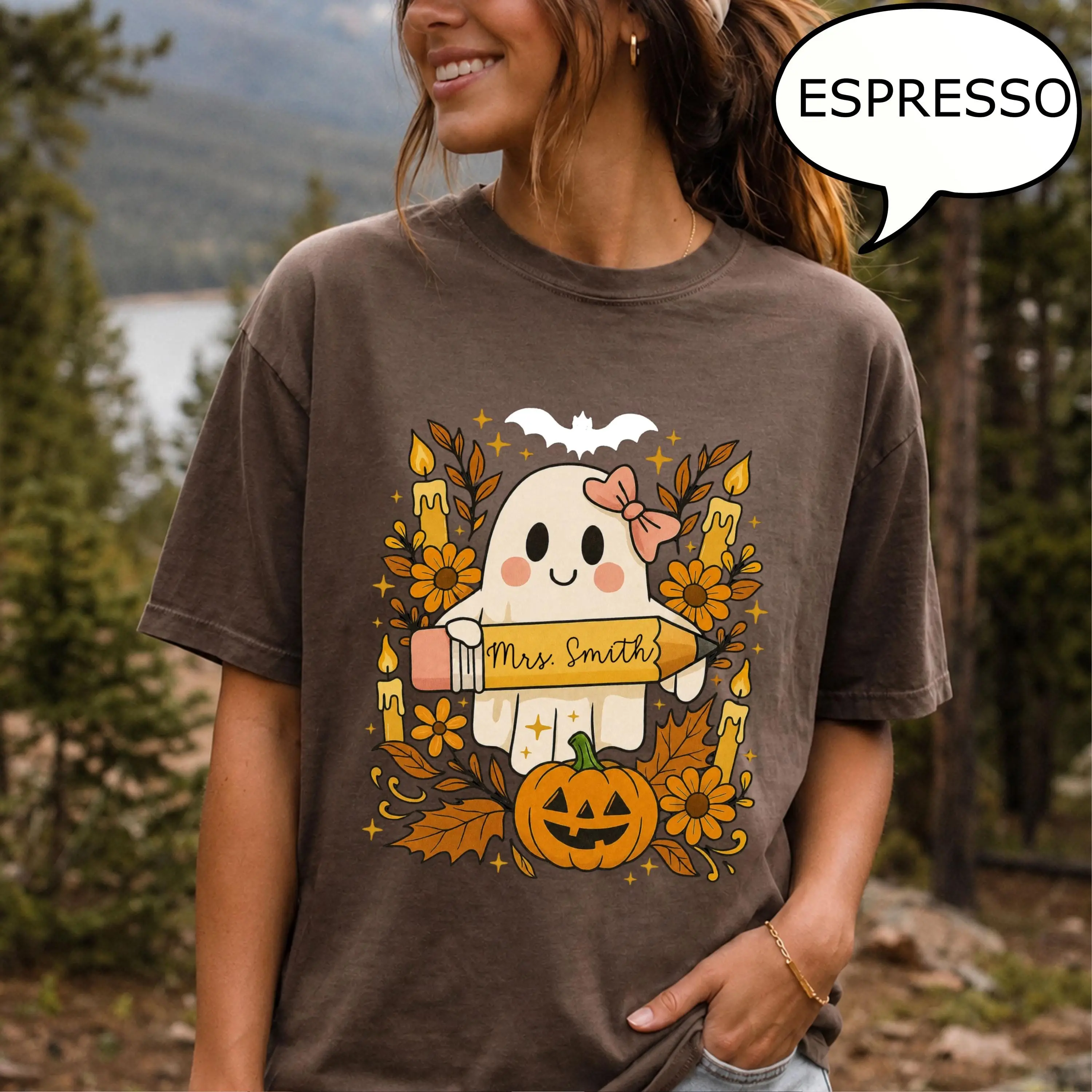 Comfort Colors Custom Teacher Name Ghost Shirt, Personalized Boho Floral Halloween Cute Fall Gift Tee - photo 5