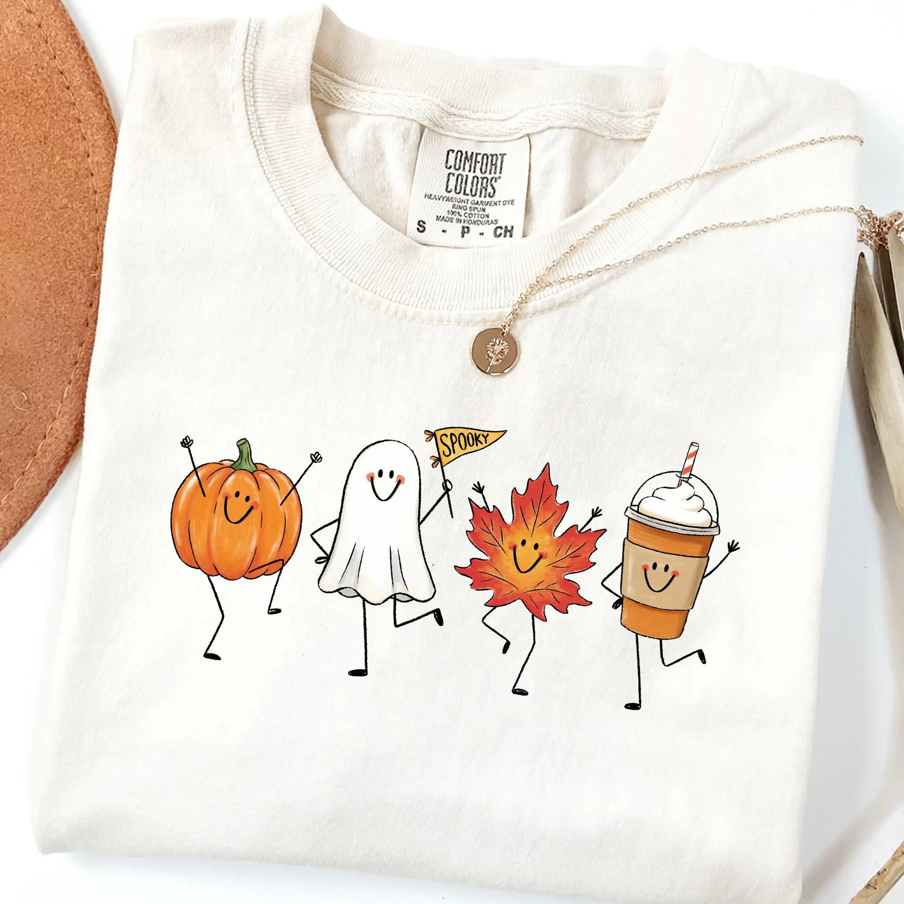 Comfort Colors Cute Autumn Halloween Shirt, Fall Maple Leaf Ghost Pumpkin Spice Latte Tee, Spooky Season Graphic Top
