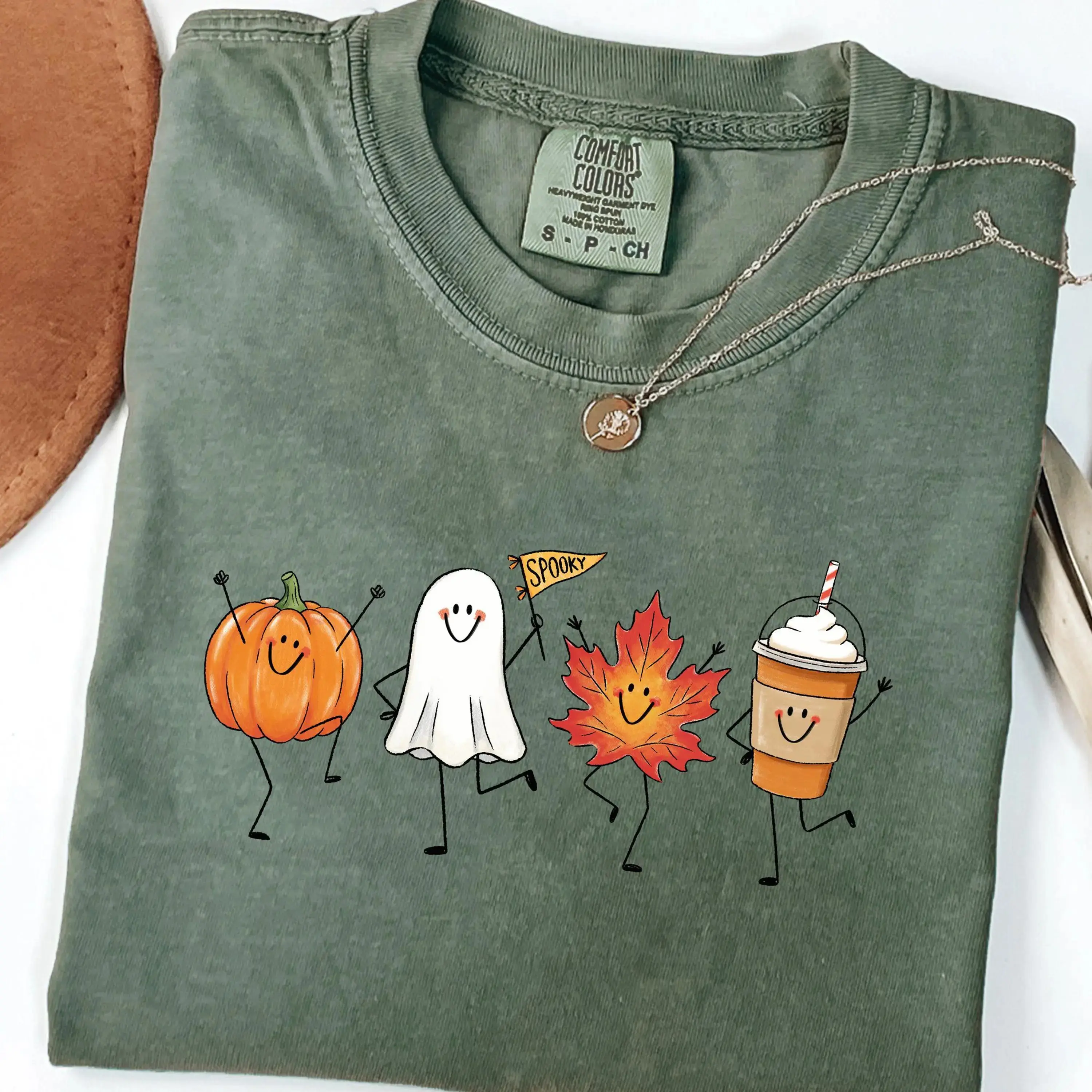 Comfort Colors Cute Autumn Halloween Shirt, Fall Maple Leaf Ghost Pumpkin Spice Latte Tee, Spooky Season Graphic Top - photo 2