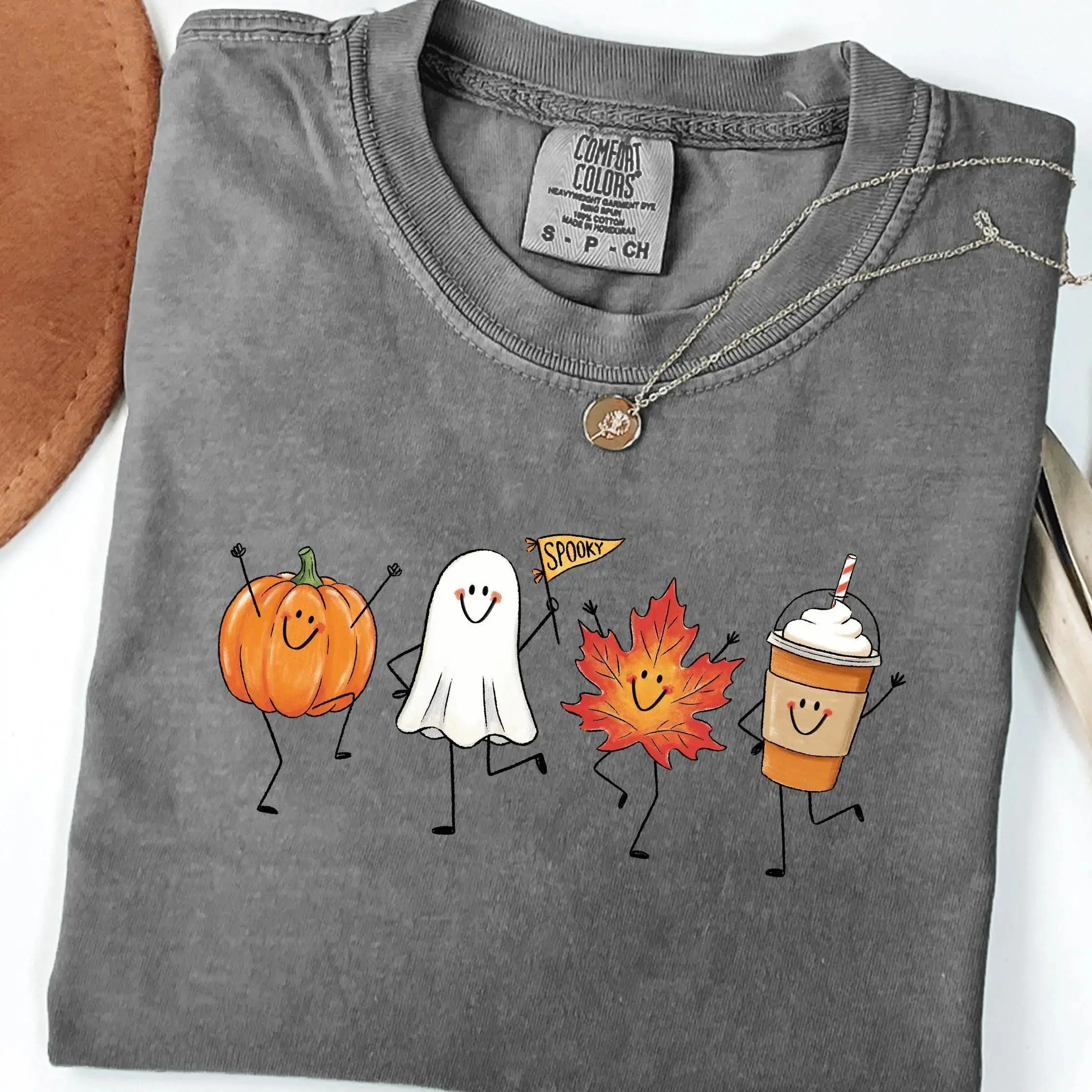Comfort Colors Cute Autumn Halloween Shirt, Fall Maple Leaf Ghost Pumpkin Spice Latte Tee, Spooky Season Graphic Top - photo 3