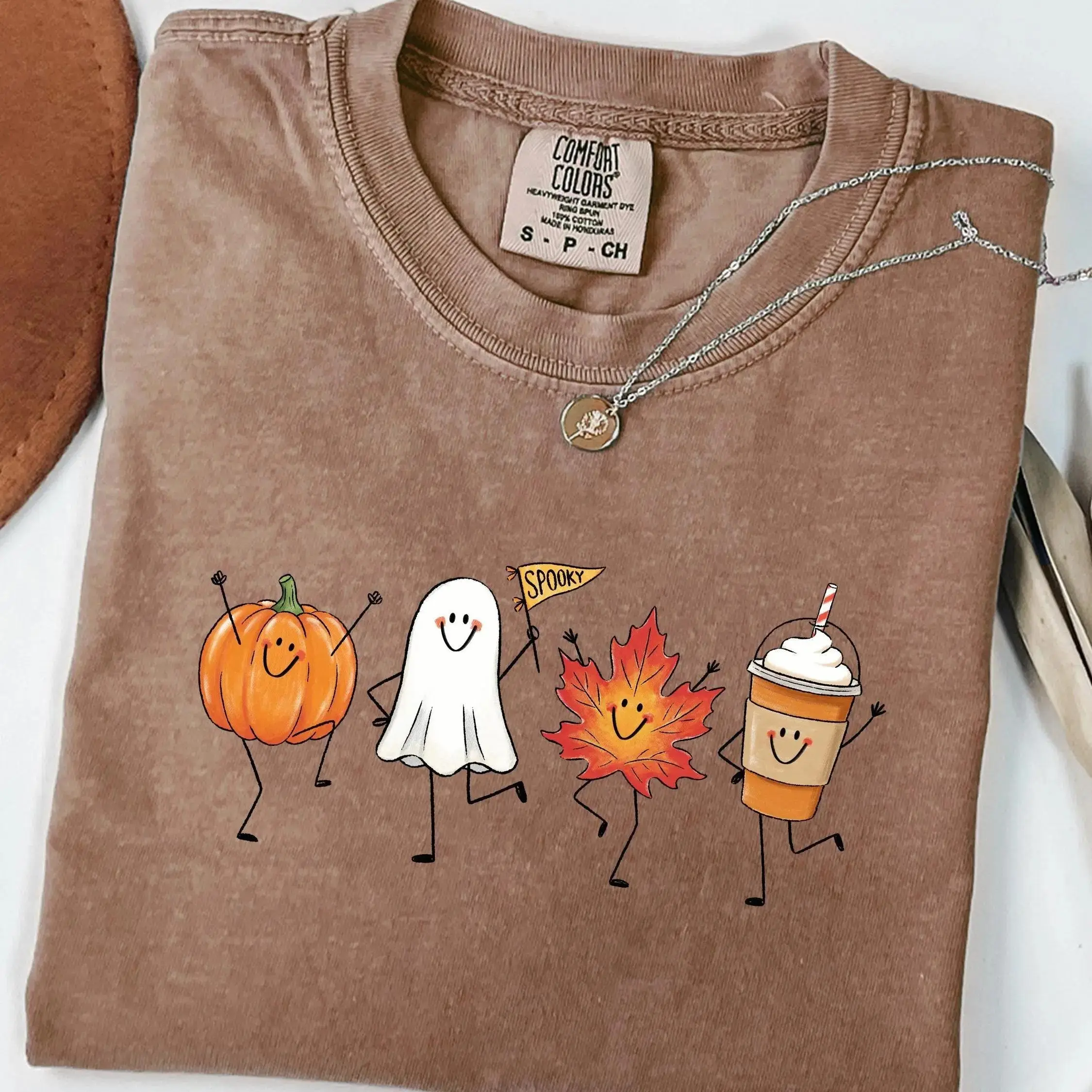Comfort Colors Cute Autumn Halloween Shirt, Fall Maple Leaf Ghost Pumpkin Spice Latte Tee, Spooky Season Graphic Top - photo 4