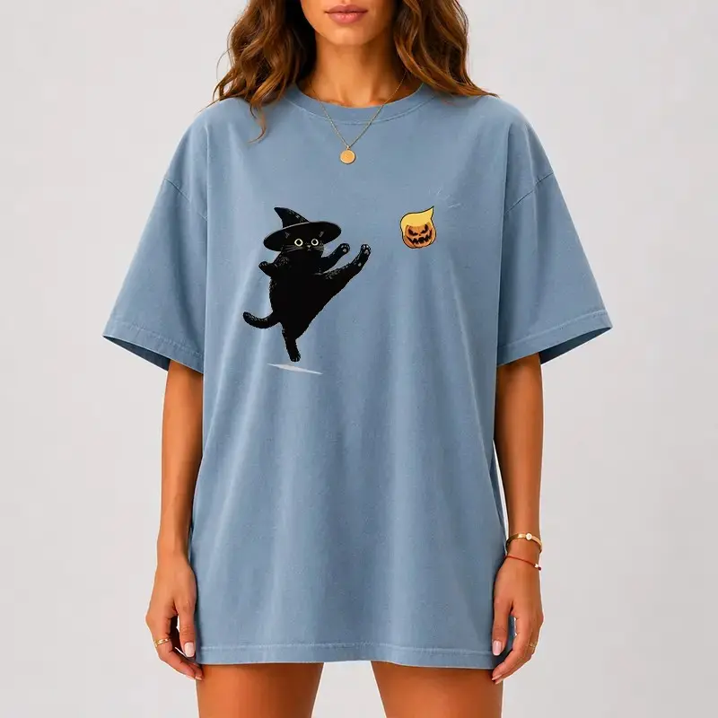Comfort Colors Cute Black Cat Halloween Shirt, Witch Pumpkin Graphic Tee, Spooky Season Fall Women's Kitty Lover Gift