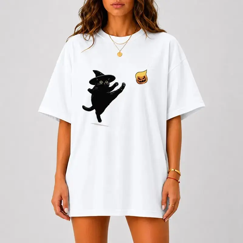 Comfort Colors Cute Black Cat Halloween Shirt, Witch Pumpkin Graphic Tee, Spooky Season Fall Women's Kitty Lover Gift - photo 3