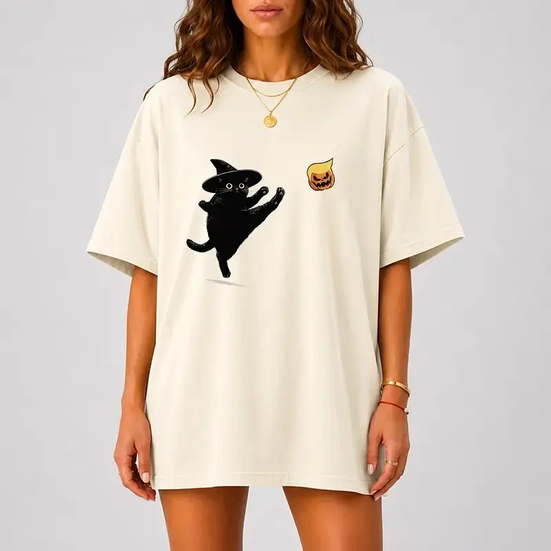 Comfort Colors Cute Black Cat Halloween Shirt, Witch Pumpkin Graphic Tee, Spooky Season Fall Women's Kitty Lover Gift - photo 4