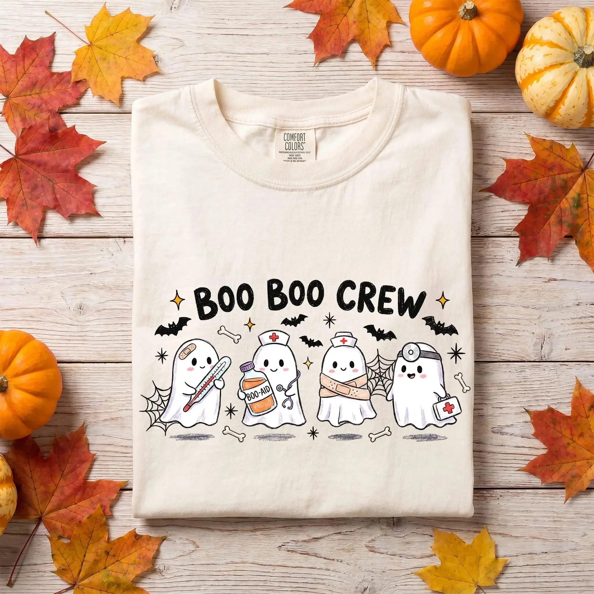 Comfort Colors Cute Boo Boo Crew Shirt, Pediatric Nurse Halloween Ghost Medical Staff Costume Gift Tee - photo 3