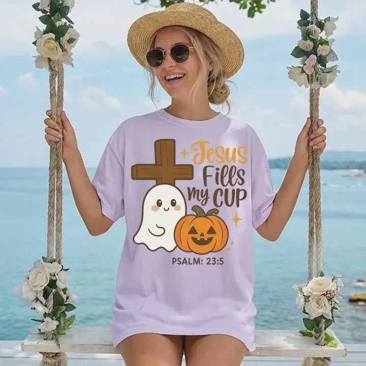 Comfort Colors Cute Christian Halloween Shirt, Ghost Pumpkin Fall Faith Creepy Season Religious Gift - photo 2