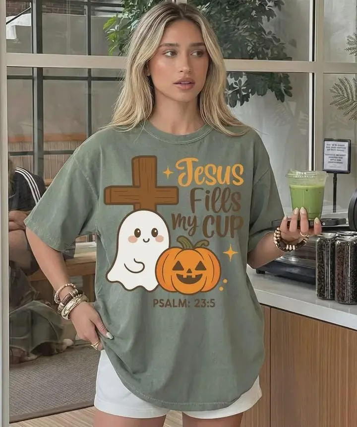 Comfort Colors Cute Christian Halloween Shirt, Ghost Pumpkin Fall Faith Creepy Season Religious Gift - photo 3