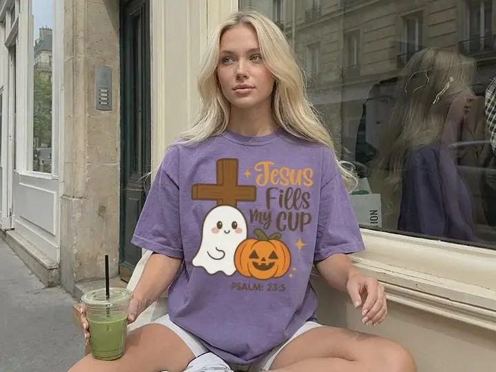 Comfort Colors Cute Christian Halloween Shirt, Ghost Pumpkin Fall Faith Creepy Season Religious Gift - photo 4