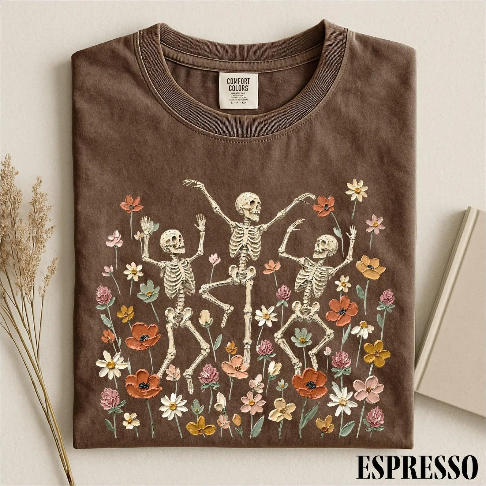 Comfort Colors Cute Floral Skeleton Dancing Shirt, Spooky Season Halloween Graphic Tee, Fall Lover Gift Top