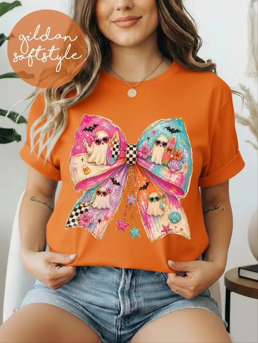Comfort Colors Cute Ghost Bow Shirt for Women, Short Sleeve Girly Spooky Season Fall Halloween Graphic Tee - photo 2