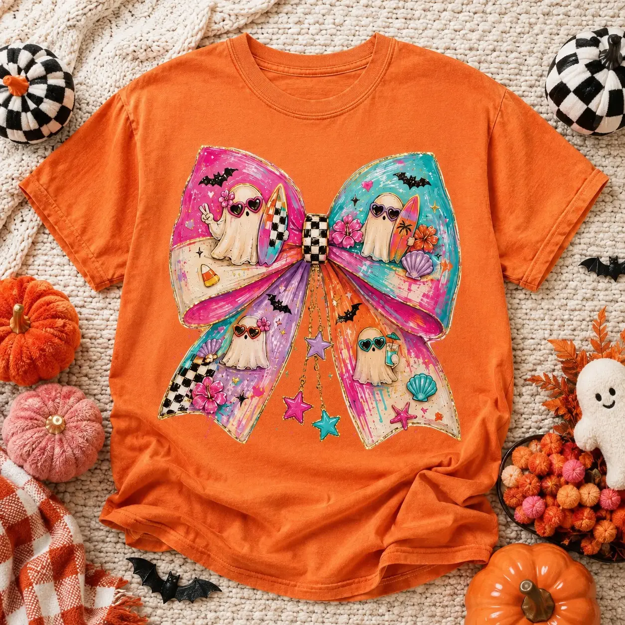 Comfort Colors Cute Ghost Bow Shirt for Women, Short Sleeve Girly Spooky Season Fall Halloween Graphic Tee - photo 3