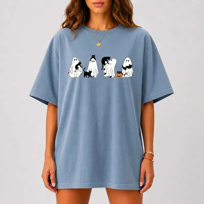 Comfort Colors Cute Ghost Cat Halloween Shirt, Funny Spooky Black Pumpkin Graphic Tee, Minimal Cozy Fall Top