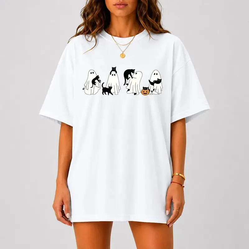 Comfort Colors Cute Ghost Cat Halloween Shirt, Funny Spooky Black Pumpkin Graphic Tee, Minimal Cozy Fall Top - photo 2