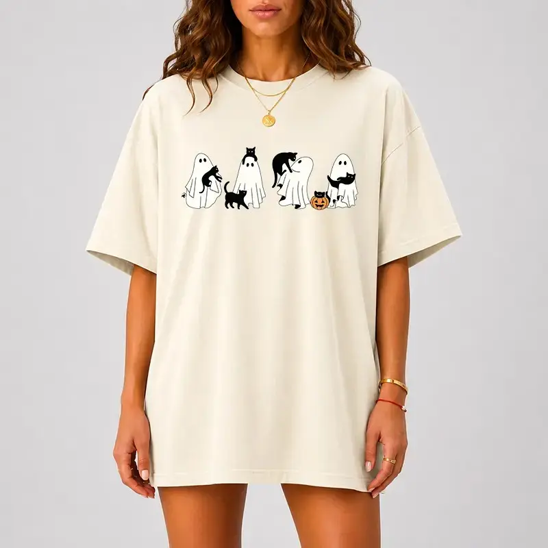 Comfort Colors Cute Ghost Cat Halloween Shirt, Funny Spooky Black Pumpkin Graphic Tee, Minimal Cozy Fall Top - photo 3