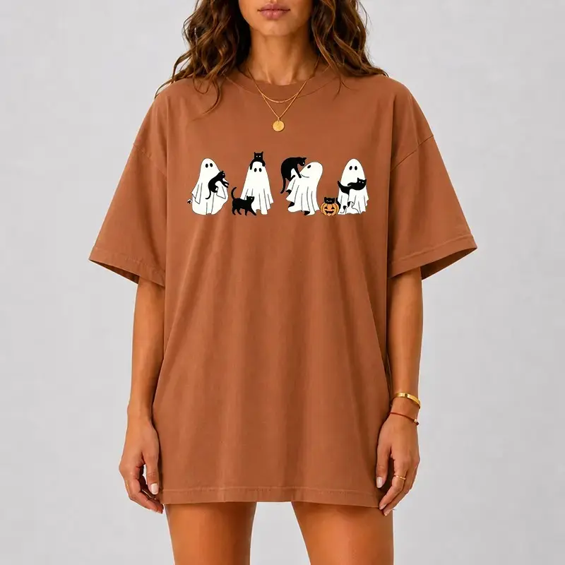 Comfort Colors Cute Ghost Cat Halloween Shirt, Funny Spooky Black Pumpkin Graphic Tee, Minimal Cozy Fall Top - photo 5