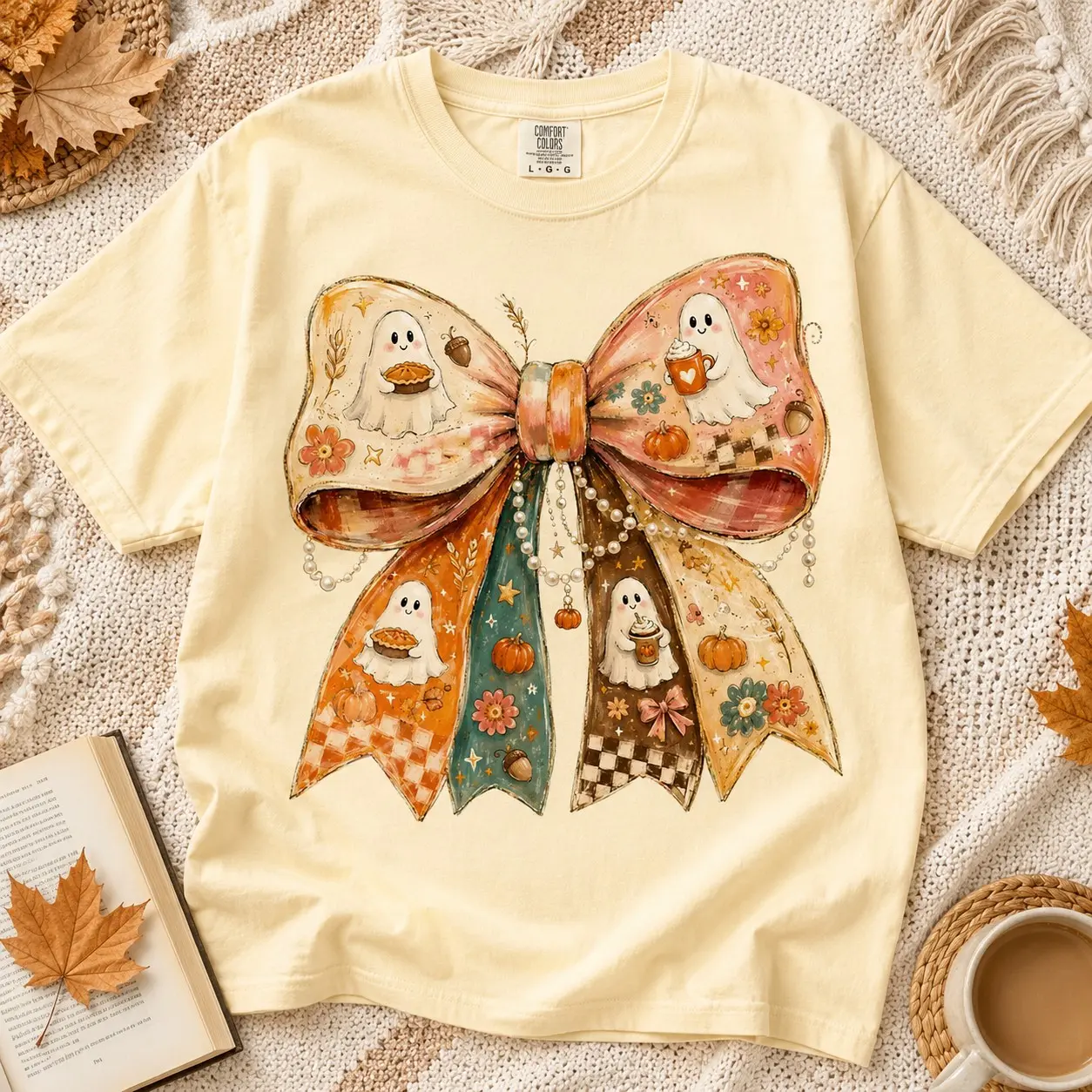 Comfort Colors Cute Ghost Coffee Pumpkin Pie Bow Ladies Graphic Shirts Halloween Night
