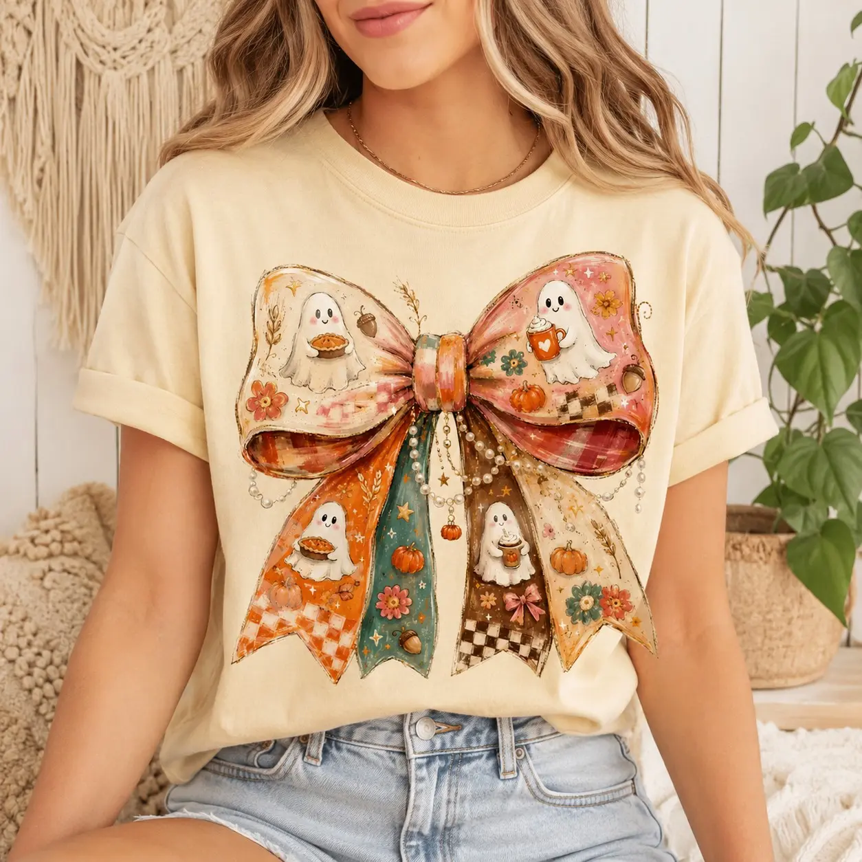 Comfort Colors Cute Ghost Coffee Pumpkin Pie Bow Ladies Graphic Shirts Halloween Night - photo 2