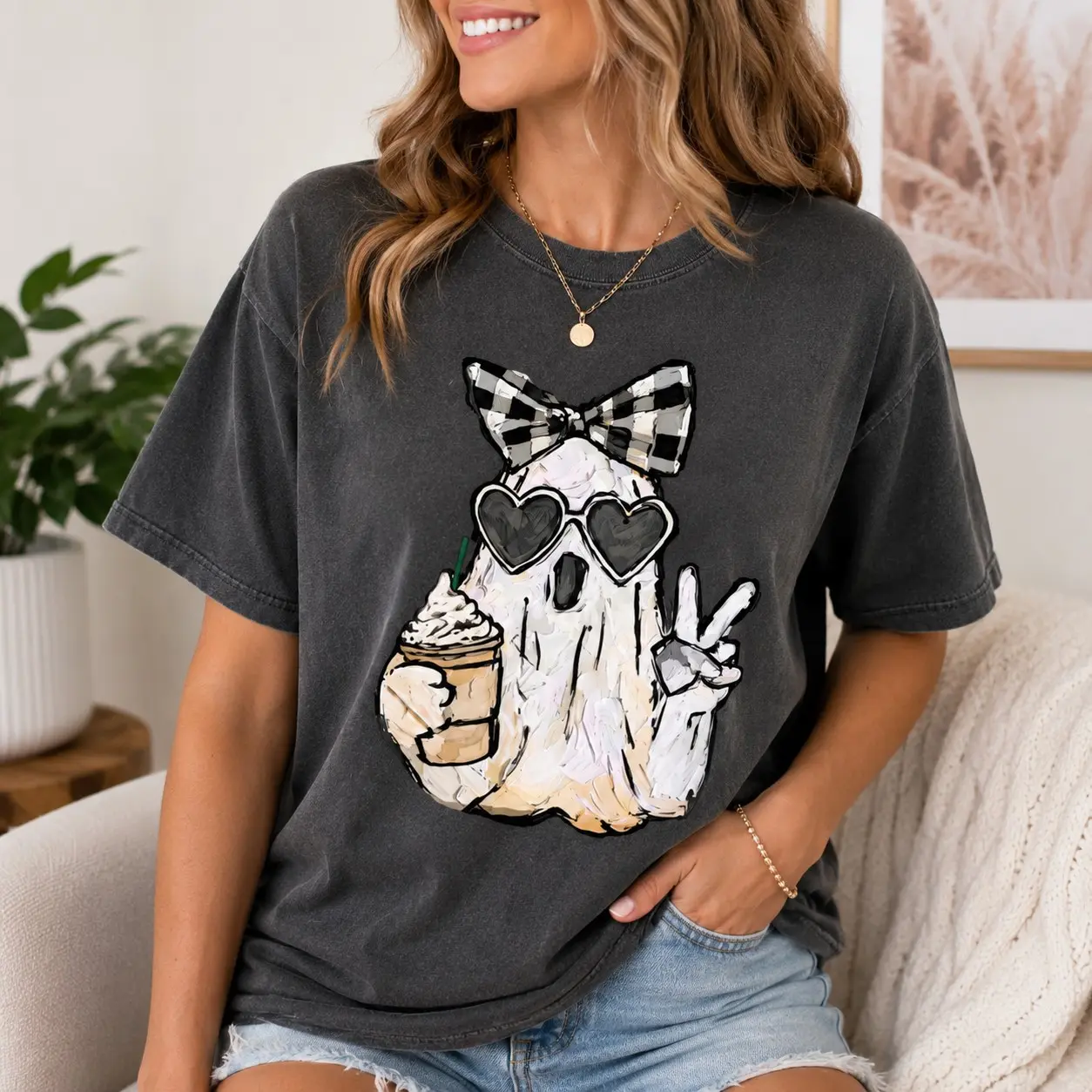 Comfort Colors Cute Ghost Heart Sunglasses Iced Coffee Shirt, Fall Season Tee for Women