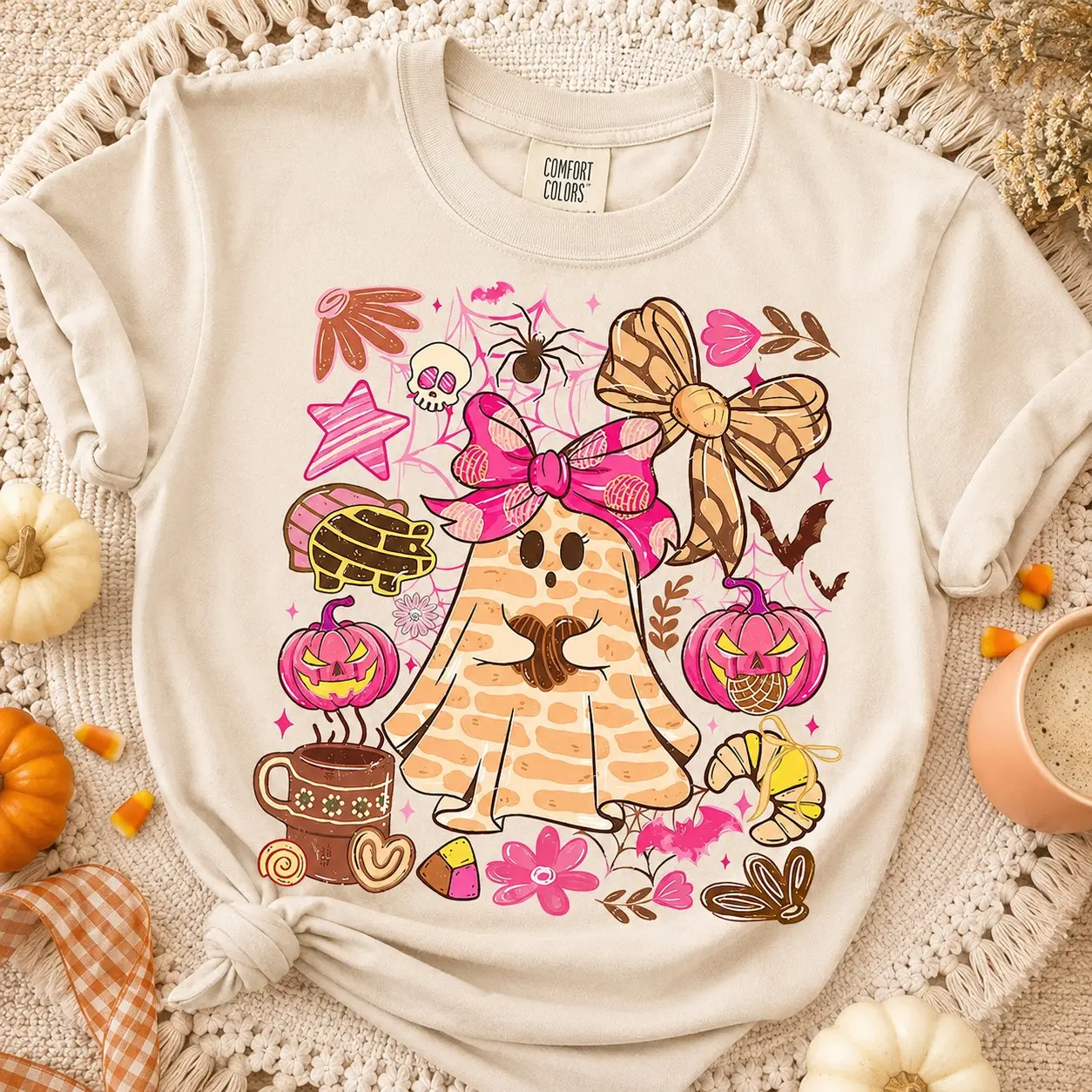 Comfort Colors Cute Ghost Pink Bow Pumpkin Coffee Women Graphic Shirts Halloween Party
