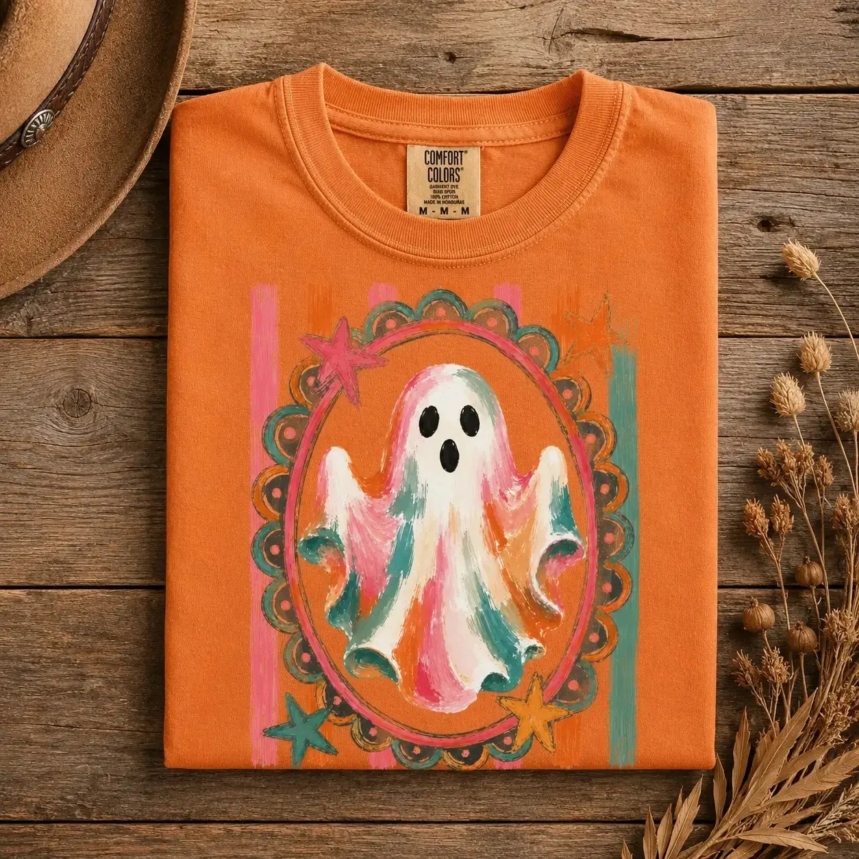 Comfort Colors Cute Ghost Plaid Bow Iced Coffee Shirt, Retro Vintage Autumn Halloween Tee for Women