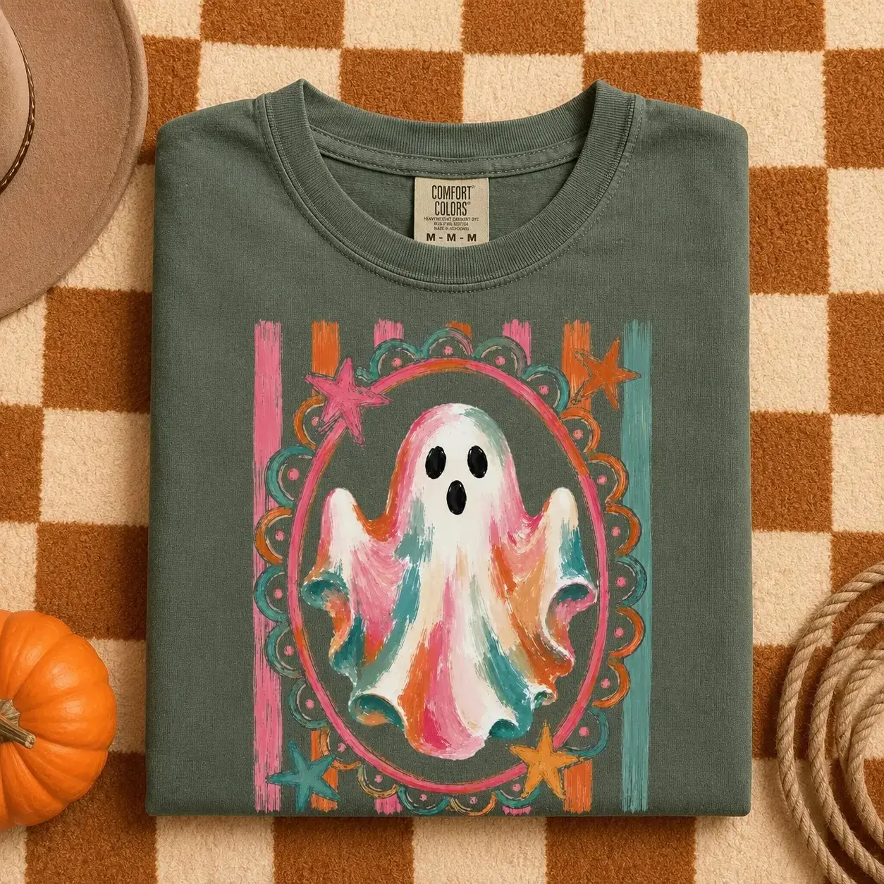 Comfort Colors Cute Ghost Plaid Bow Iced Coffee Shirt, Retro Vintage Autumn Halloween Tee for Women - photo 4