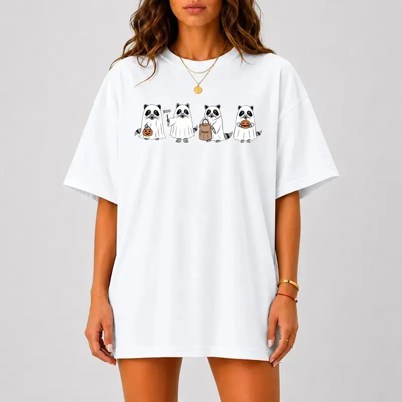 Comfort Colors Cute Ghost Raccoon Halloween Shirt, Spooky Animal Pumpkin Graphic Tee, Funny Fall Trick or Treat Top - photo 2