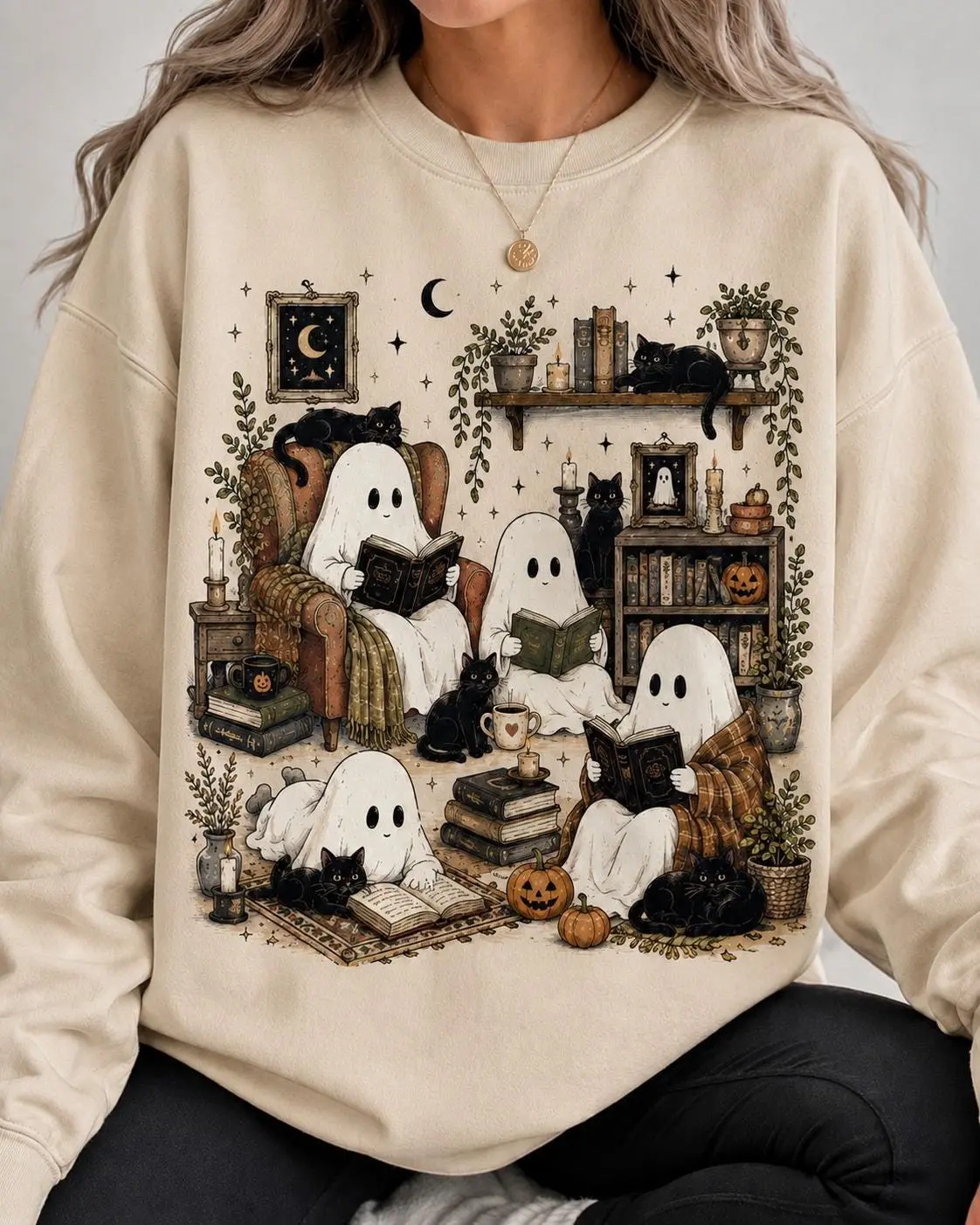 Comfort Colors Cute Ghost Reading Books Sweatshirt, Bookish Halloween Black Cat Cozy Spooky Library Gift - photo 1