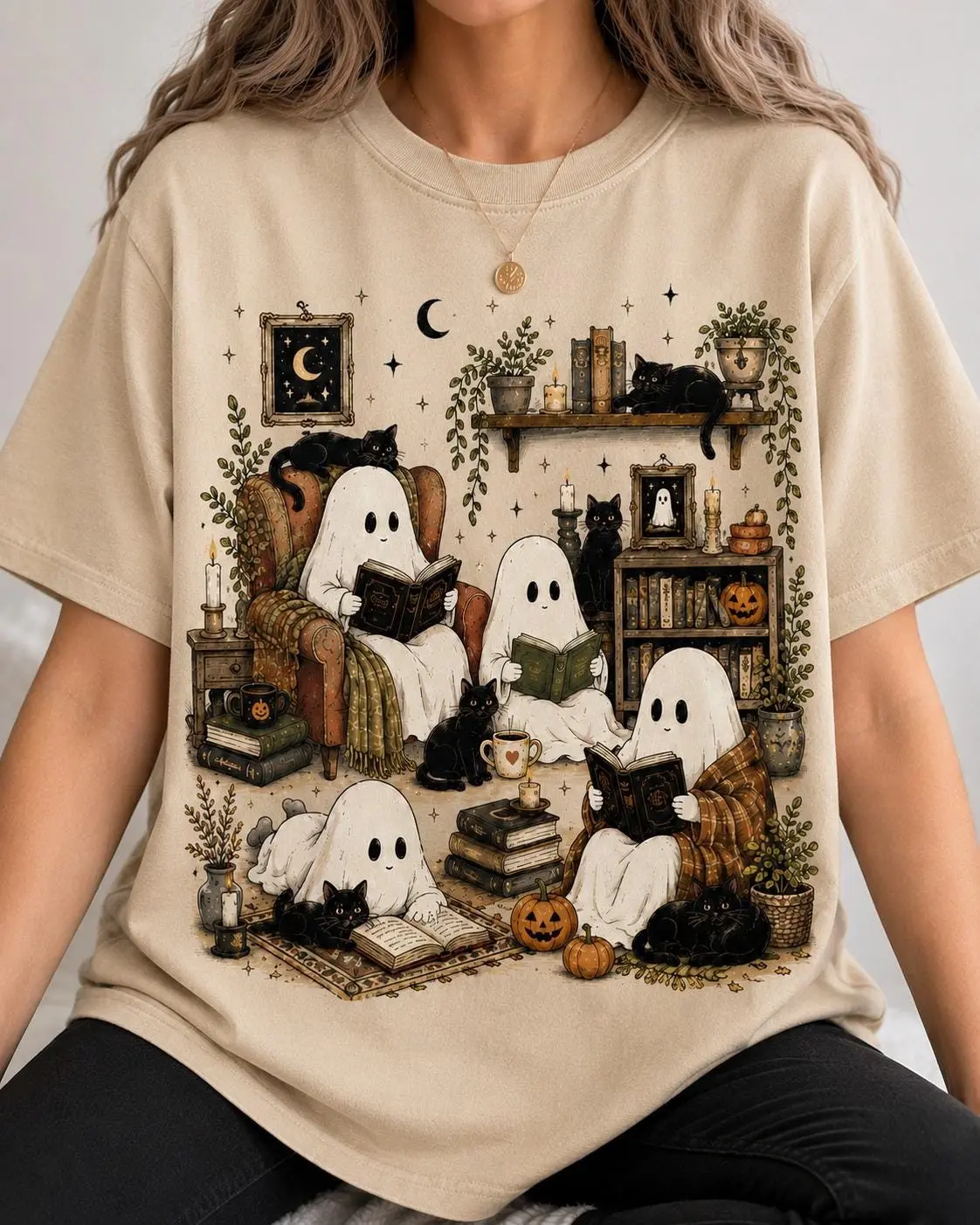 Comfort Colors Cute Ghost Reading Books Sweatshirt, Bookish Halloween Black Cat Cozy Spooky Library Gift - photo 2