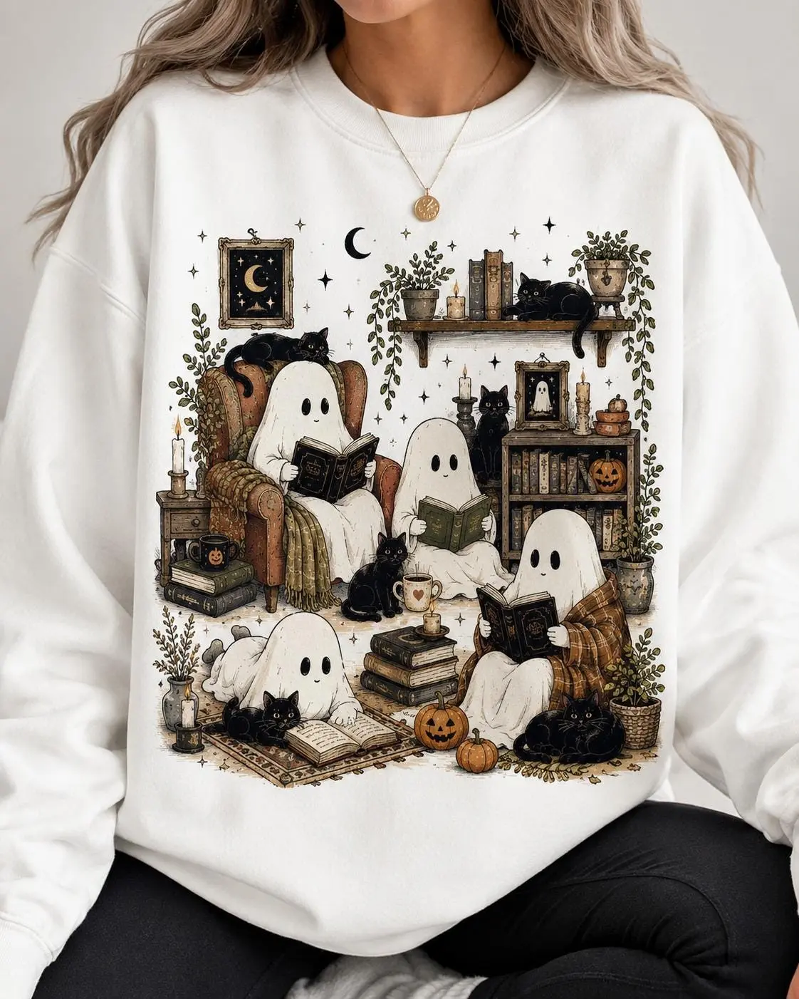 Comfort Colors Cute Ghost Reading Books Sweatshirt, Bookish Halloween Black Cat Cozy Spooky Library Gift - photo 3