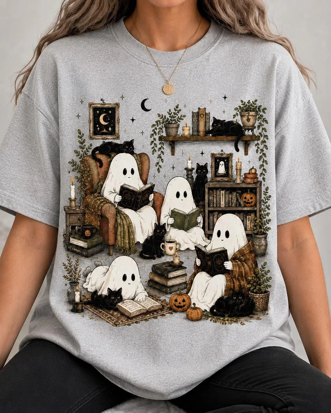 Comfort Colors Cute Ghost Reading Books Sweatshirt, Bookish Halloween Black Cat Cozy Spooky Library Gift - photo 4